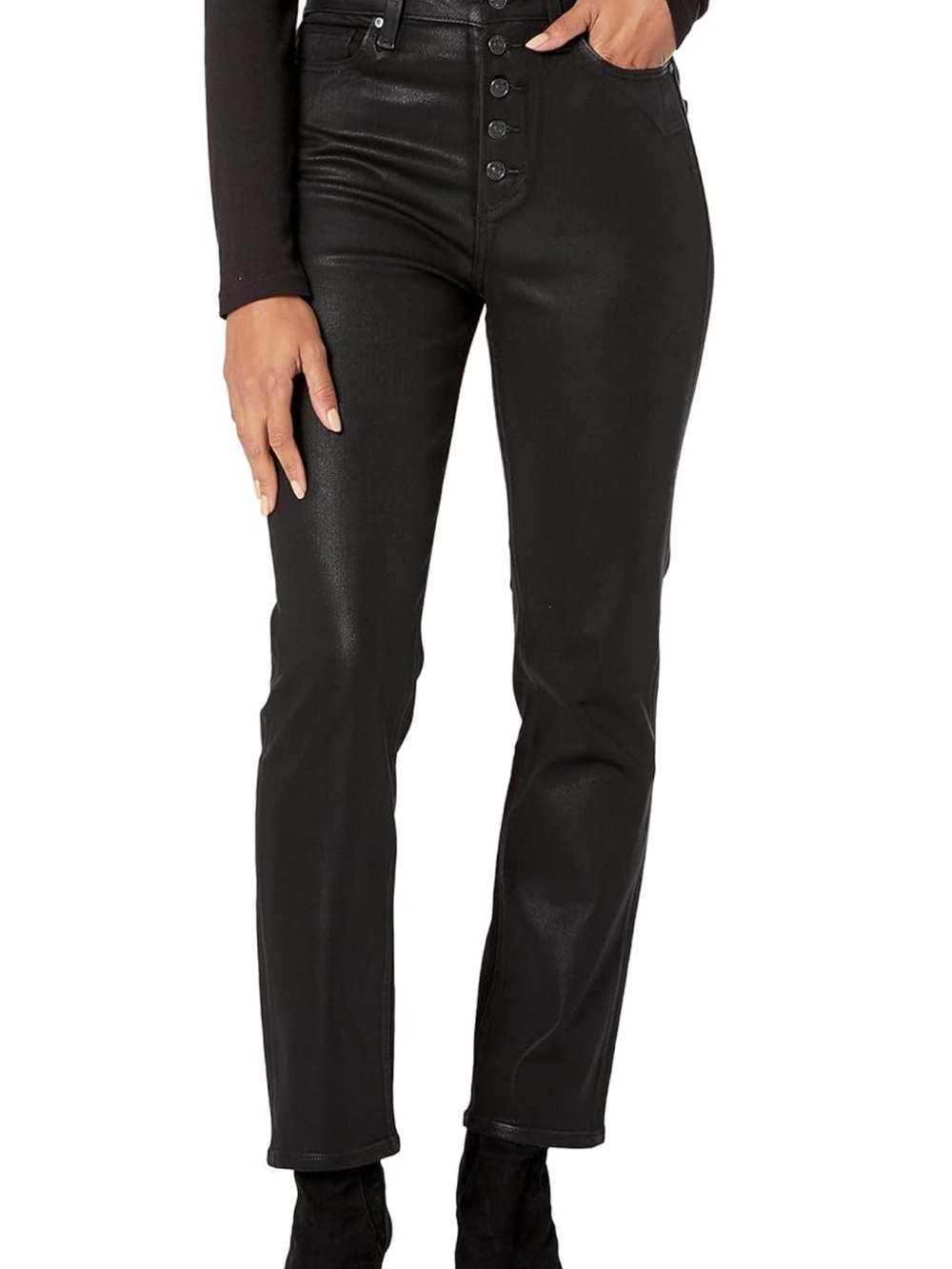 PAIGE Flaunt Accent Ultra High Rise Straight Jeans Black Fog Coated Womens 32